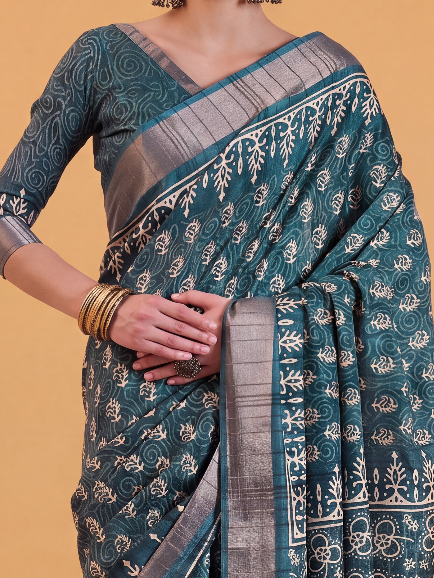 Teal Blue Silk Blend saree – detail view 4