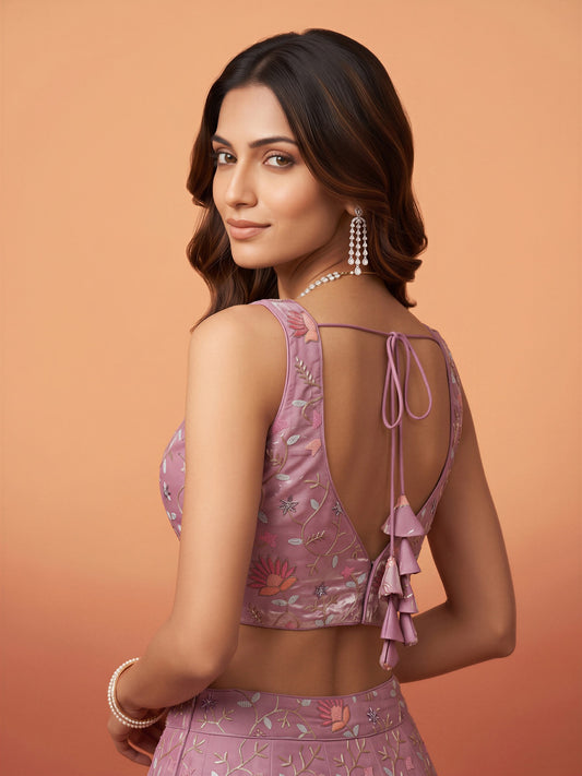 Lavender sequin embellished satin sleeveless readymade saree blouse with deep v neck view 1