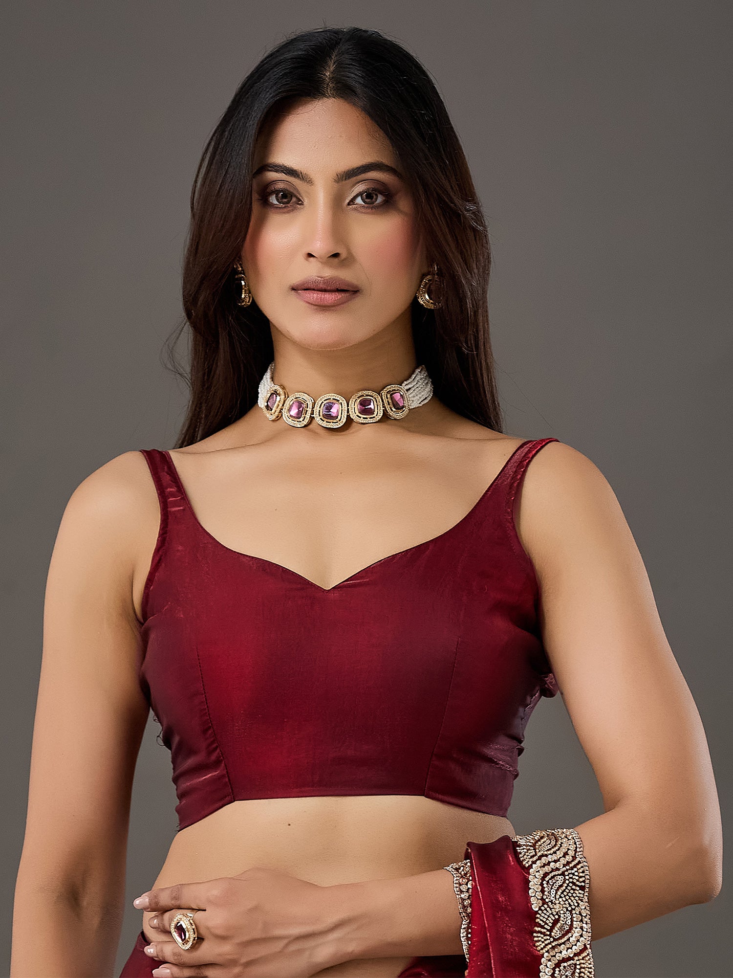 Unstitched maroon satin blouse piece with solid design