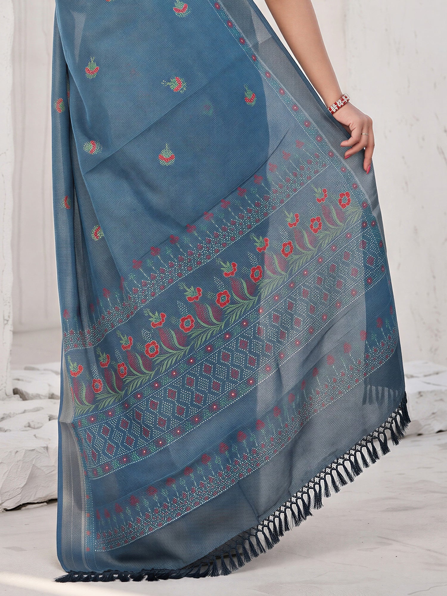 Teal Blue Cotton Silk saree – detail view 5