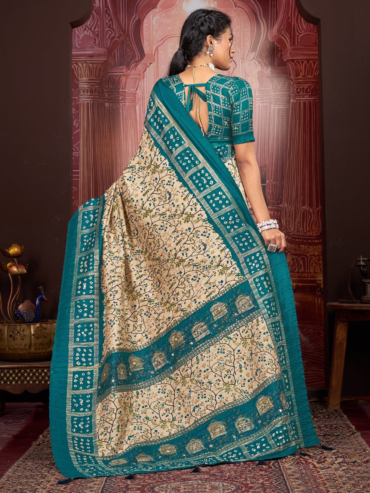 Cream tussar silk saree view 3
