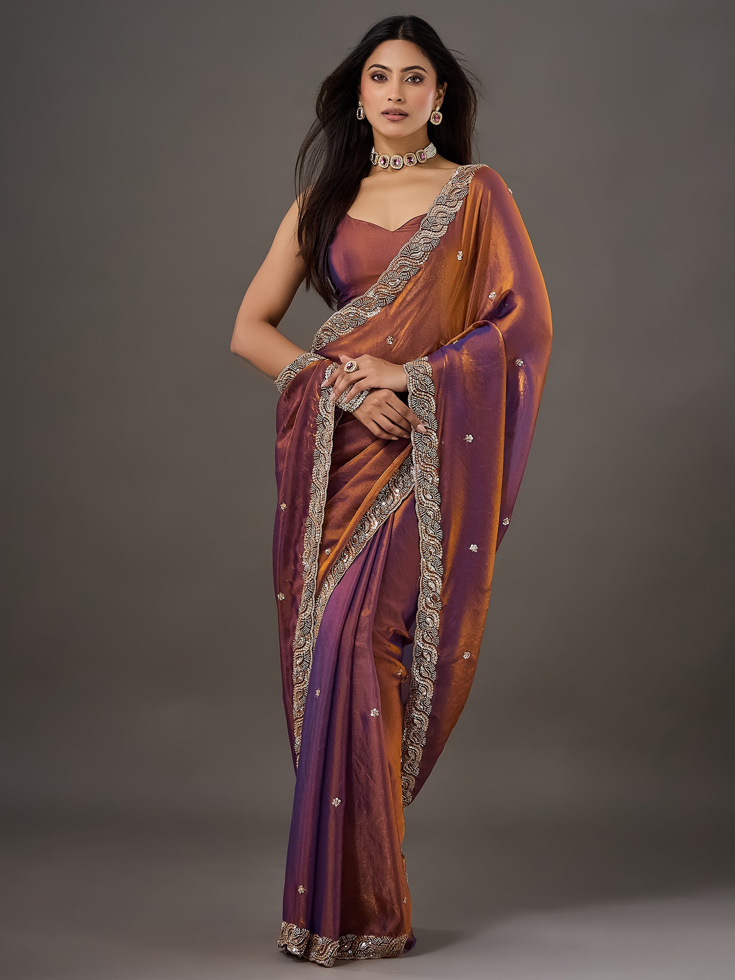 Bronze Satin saree – detail view 2