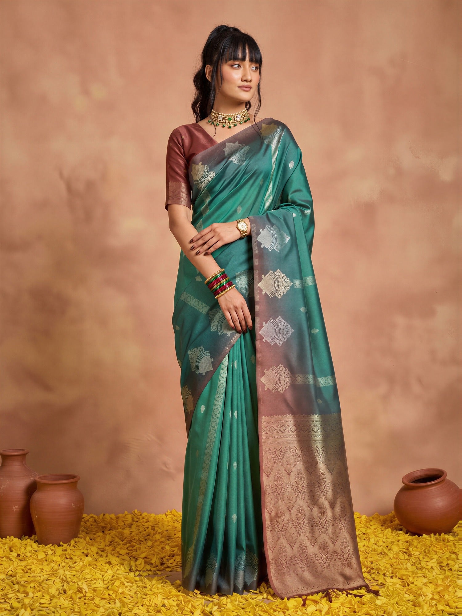 Teal Green Cotton Blend saree – detail view 3
