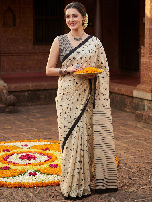 Cream Bird Print Cotton Saree