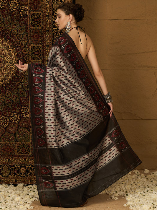 Elegant Grey & Maroon Bhagalpuri Silk Ikat Print Saree
