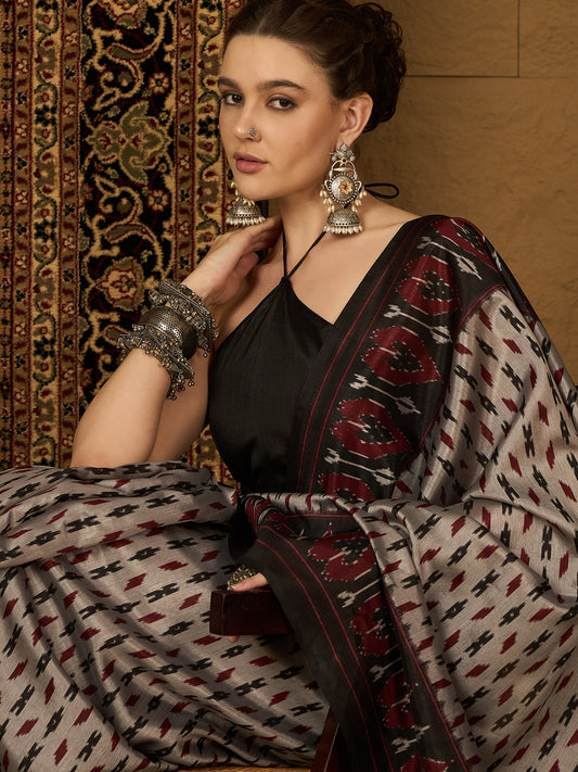 Beige Bhagalpuri Silk Ikat Print Saree