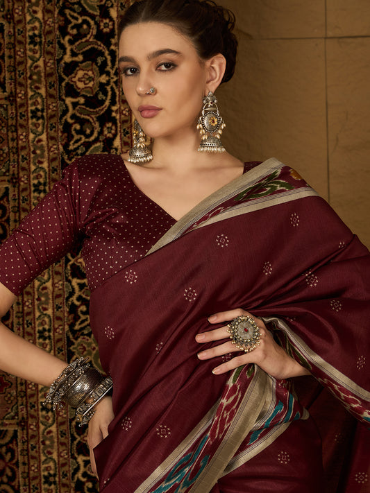 Deep Maroon Ikat Bhagalpuri Silk Saree