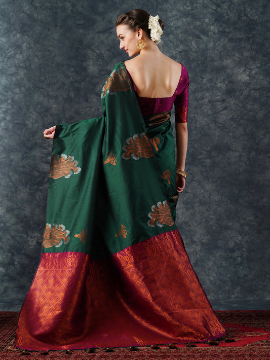 Silk Saree | Bottle Green with Meenakari Peacock Motifs & Crimson Zari Border