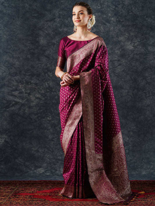 Magenta Banarasi Silk Saree with Gold Zari Bootis