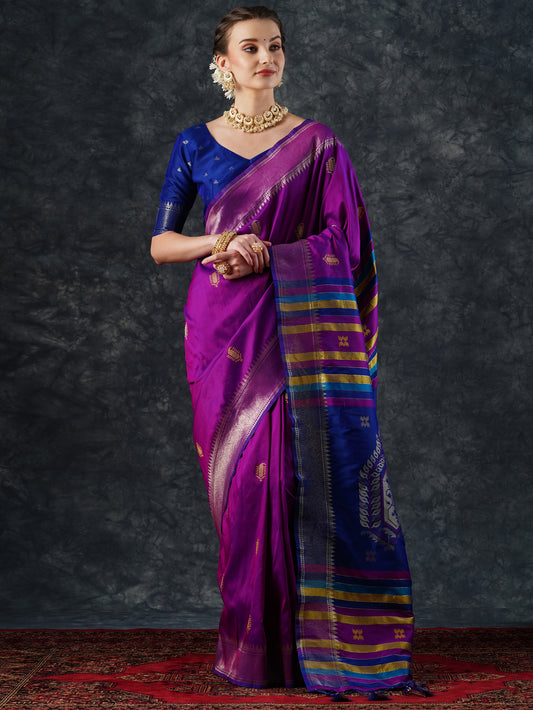 Purple Patola Silk Saree with Blue Zari Border