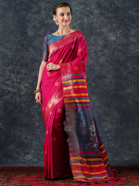 Rani Pink Silk Saree with Multicolor Woven Border