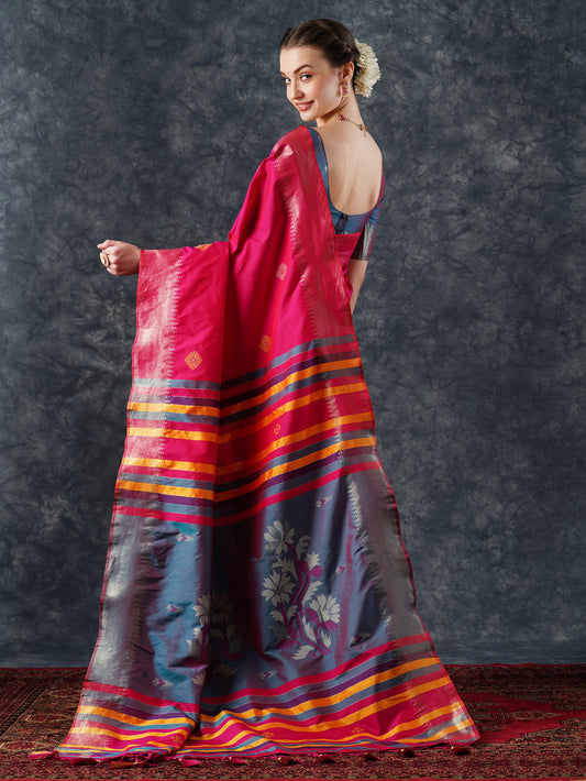 Rani Pink Silk Saree with Multicolor Woven Border