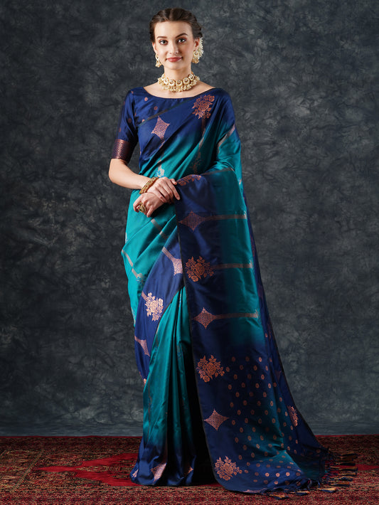 Navy Blue & Teal Ombre Banarasi Silk Saree with Zari Bootis
