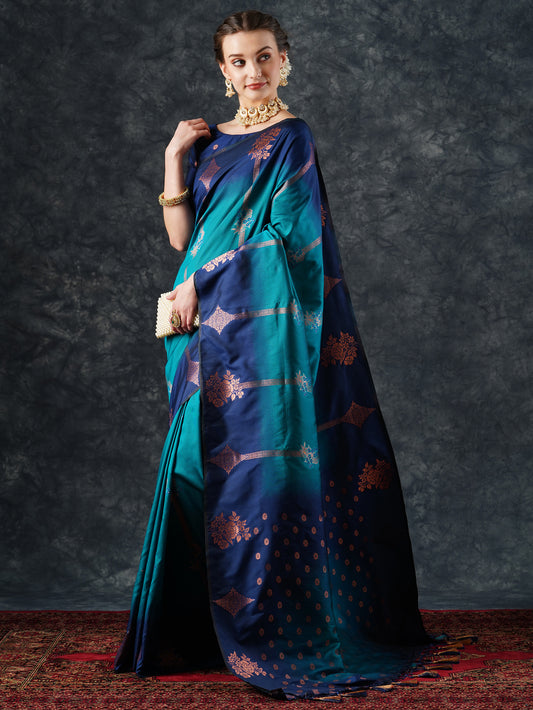 Navy Blue & Teal Ombre Banarasi Silk Saree with Zari Bootis