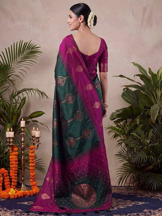 Magenta Green Ombre Banarasi Silk Saree