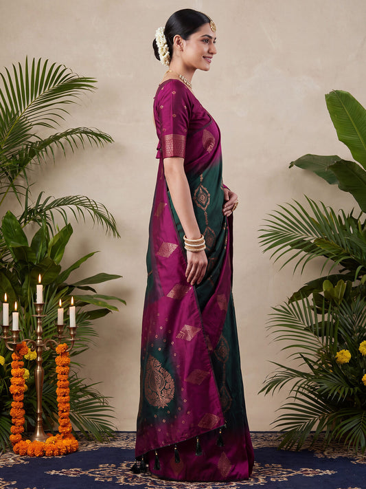 Magenta Green Ombre Banarasi Silk Saree