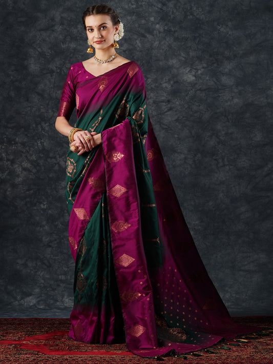 Banarasi Woven Silk Blend Gold Zari Floral Buti Saree