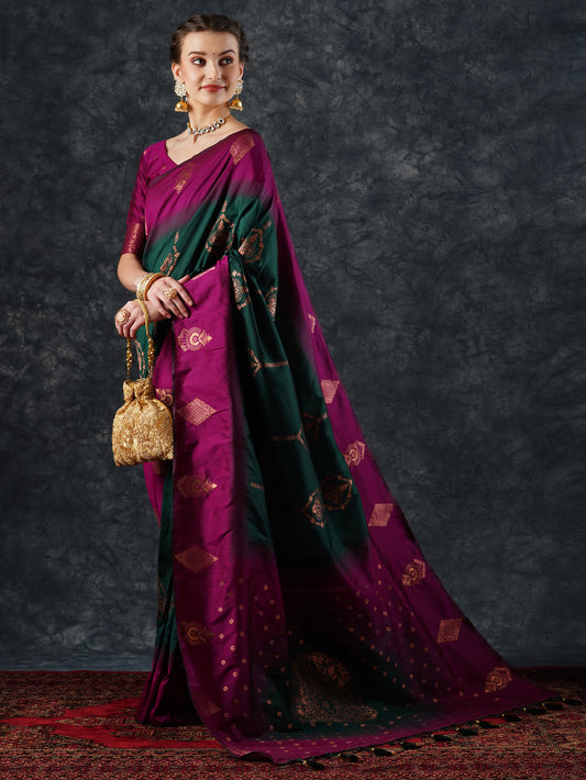 Banarasi Woven Silk Blend Gold Zari Floral Buti Saree