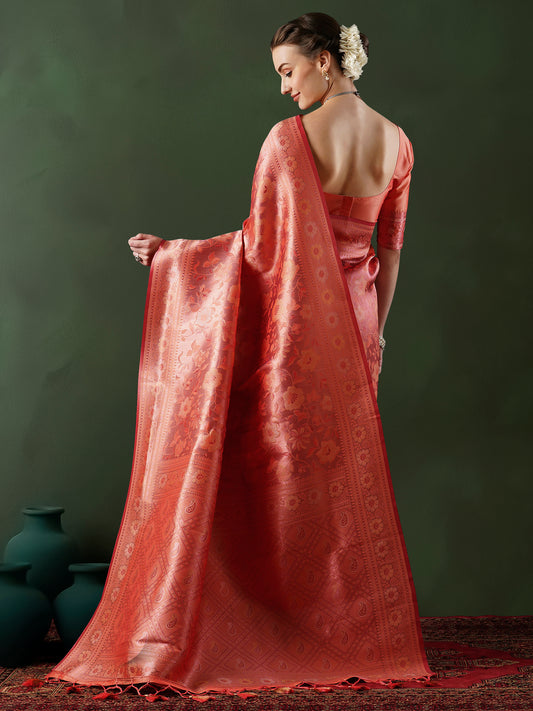 Peach Banarasi Silk Saree with All-Over Zari Floral Weave