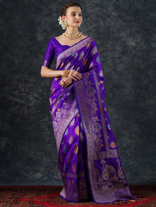 Purple Banarasi Silk Saree with Meenakari Leaf Buti & Elephant Pallu