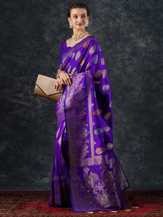 Purple Banarasi Silk Saree with Meenakari Leaf Buti & Elephant Pallu