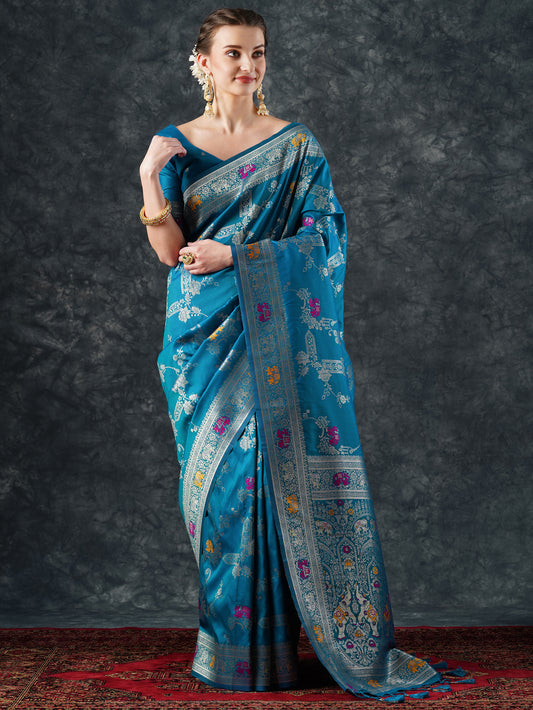 Teal Banarasi Silk Saree with Meenakari Weave –