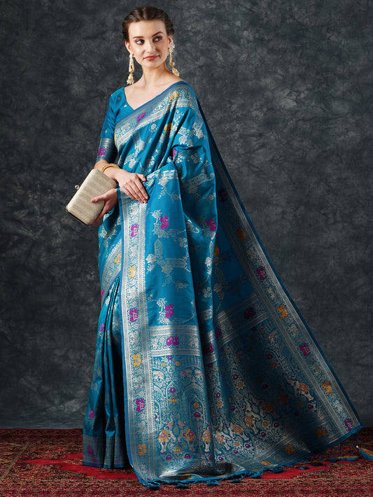 Teal Banarasi Silk Saree with Meenakari Weave –