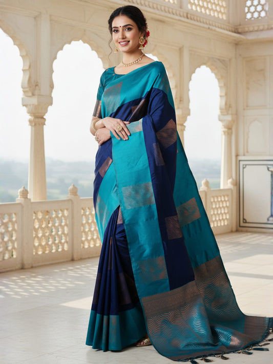Navy Blue & Teal Silk Saree with Zari Weave
