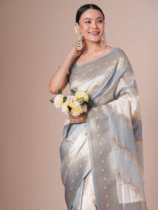 Elegant Light Grey-Blue Banarasi Silk Saree