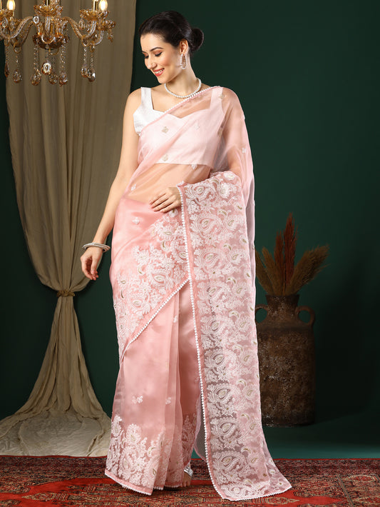 Blush Pink Organza Saree with Chikankari Embroidery & Gold Zari Buti