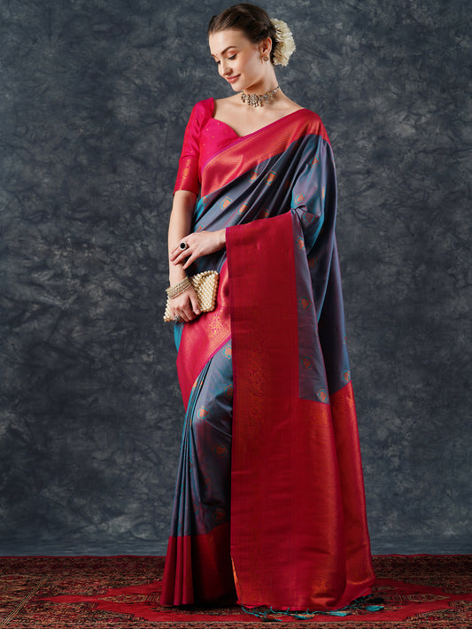 Teal & Red Banarasi Silk Saree with Meenakari Weave