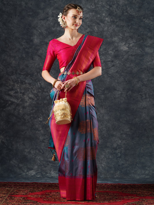 Teal & Red Banarasi Silk Saree with Meenakari Weave