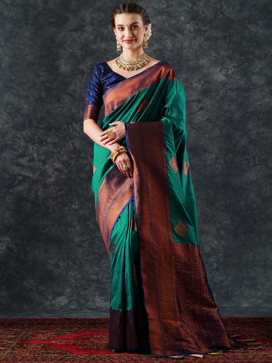 Teal & Purple Patola Silk Saree with Zari Border |
