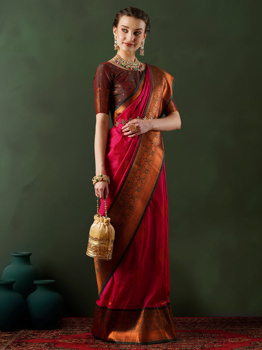 Crimson Banarasi Silk Saree with Antique Gold Zari Border