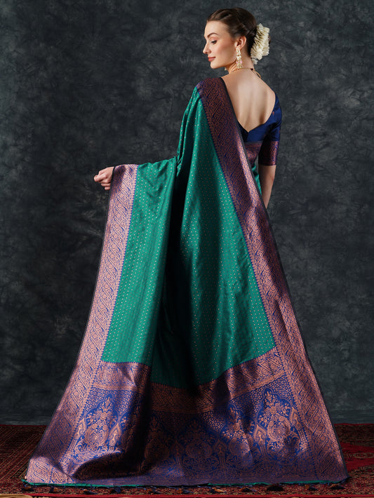 Teal Banarasi Silk Saree with Purple Zari Border & Blouse