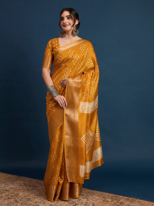 Mustard Yellow Bandhani Silk Saree with Golden Zari Border & Geometric Square Pallu