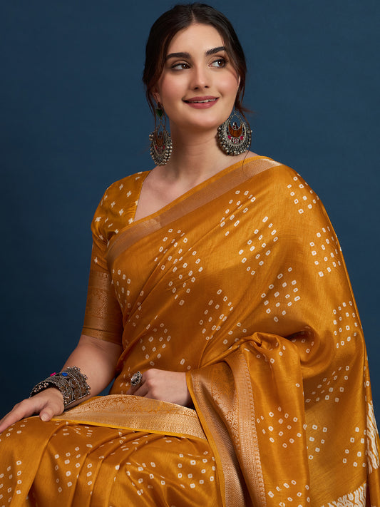 Mustard Yellow Bandhani Silk Saree