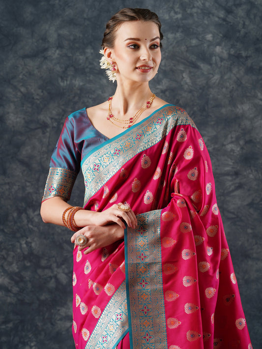 Rani Pink Banarasi Silk Saree with Meenakari Buti Saree