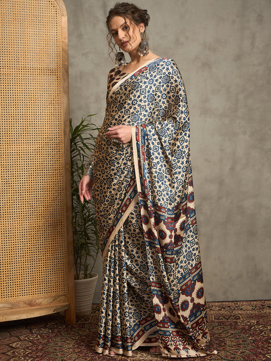 Ajrakh White Hand Block Printed Saree