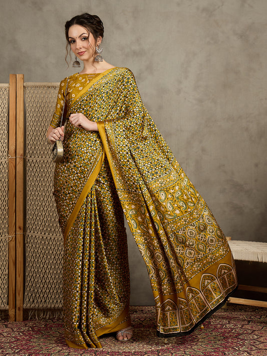 Mustard Yellow Printed Saree