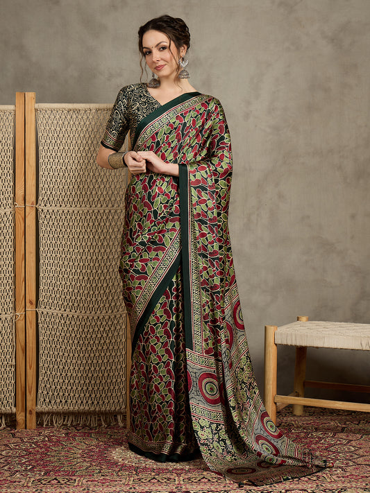 Elegant Black & Maroon Designer Printed Saree