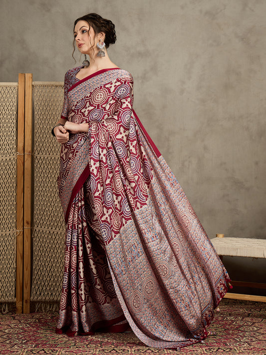 Traditional Maroon Ajrakh Print Pallu Saree