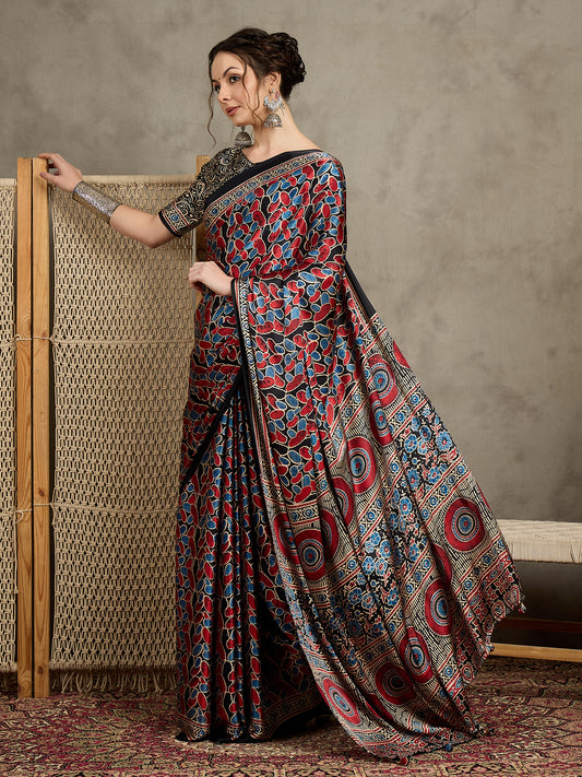 Ajrakh Pallu Saree with Black Printed Blouse