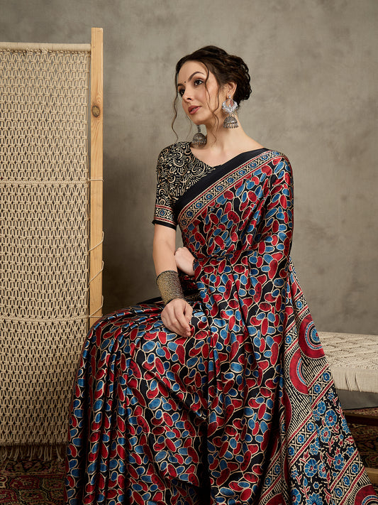 Ajrakh Pallu Saree with Black Printed Blouse
