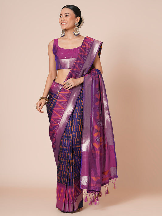 Purple Silk Blend Ikat Geometric Weaving Silver Zari Border Tassels Saree
