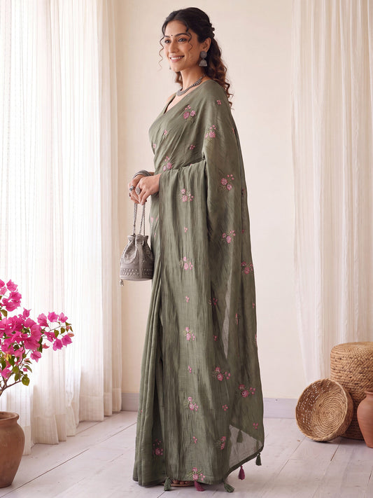 Sage Green Vichitra Silk Embroidered Saree