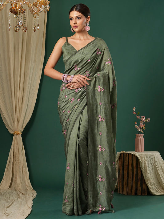Olive Green Embroidered Party Wear Saree