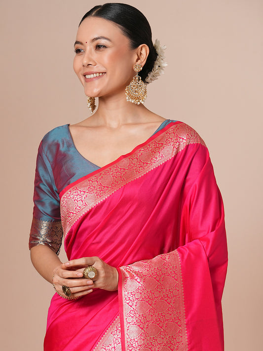 Vibrant Hot Pink Banarasi Pure Silk Saree