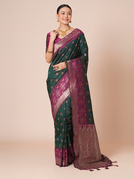 Bottle Green & Magenta with Zari Weave & Meenakari Bootis Saree
