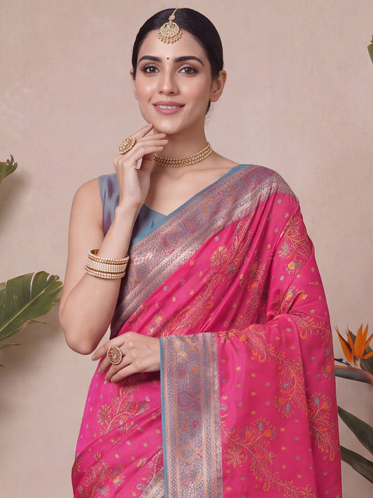 Hot Pink Silk Blend  Saree
